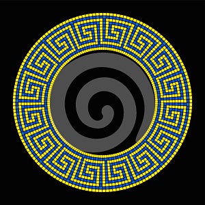 Circle shaped meander mosaic, frame in yellow and blue