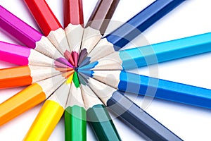 A circle of sharpened colored pencils on a white background.