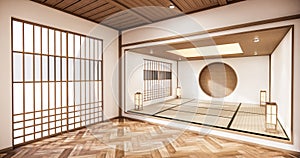 The Circle shelf wall design on empty Living room japanese deisgn with tatami mat floor. 3D rendering photo
