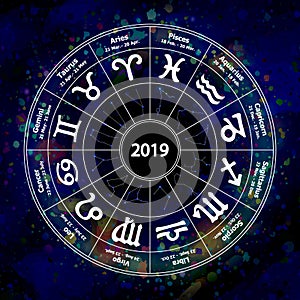 Circle with signs of zodiac on watercolor background. Vector ill