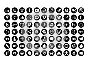 77 Circle Social Media Icons black.Isolated on white background.