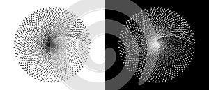 Circle or spiral illustration with chaotic line particles. Design element or icon. Black shape on a white background and the same