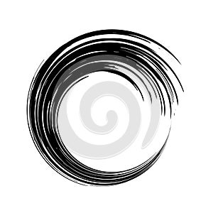 Circle spiral. Rotate wavy frame. Wave ring. Border ripple. Abstract black brush distress on white background. Arc shape spin roun