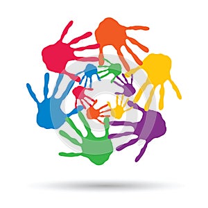 Circle or spiral set made of colorful painted human hands