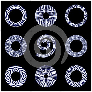 Circle and spiral shapes. Design elements set. Abstract blue and white icons on black background