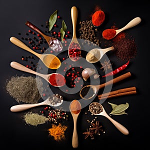 A Circle of Spoons Filled With a Variety of Spices. A circle of spoons filled with different types of spices