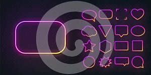 Circle, square, speech bubble, star, triangle, heart, hexagon and other glowing gradient purple yellow neon frames on a