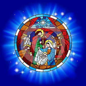 Circle stained glass with the Christmas and Adoration of the Magi