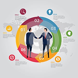 Circle step info-graphic world map color. Business people agreement standing handshake wearing suite formal. Concept