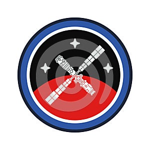 Circle stripe silhouette vector logo of aerospace mars program communication satellite. Galaxy investigations emblem