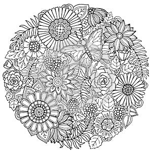 Circle summer doodle flower ornament with butterfly.