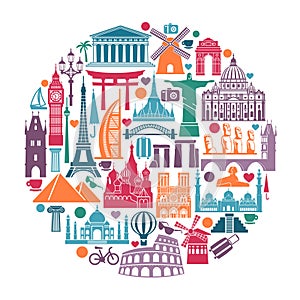 Circle of symbols Icons world tourist attractions and architectural landmarks