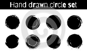 Circle textured hand drawn abstract black ink strokes set isolated on white background. Vector illustration