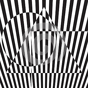 Circle, triangle and square on striped background. Abstract psychedelic backdrop