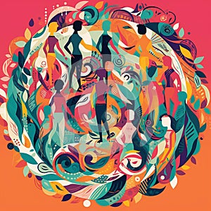 Circle of Unity - An illustration of abstract figures holding hands in a vibrant patterned background.