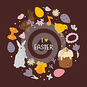 A circle of vector cartoon Easter icons