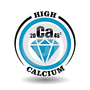 Circle vector icon with chemical Calcium symbol and mineral illustration of blue diamond crystal for high calcium level products