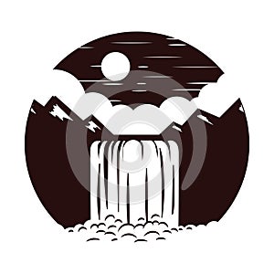 Circle Vintage Retro Mountain Waterfall Illustration