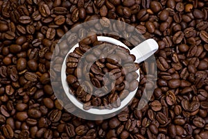 Circle of white cup with coffee beans