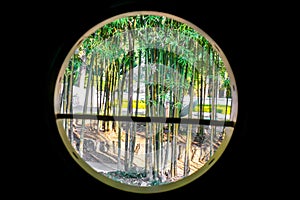 Circle window view of modern house with bamboo forest and natural sun lights and environment background