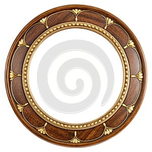 Circle wooden frame with gold elements isolated on white background photo
