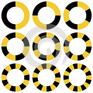 Circle yellow and black sectors vector safety stripe warning, circle warns caution design. warn caution border, stripe