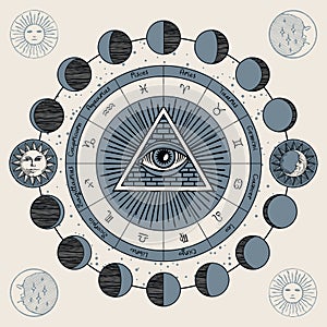 Circle of Zodiac signs with Masonic symbol all-seeing eye