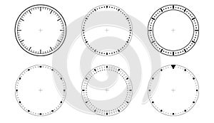 Circles of clock faces for time. Template dial of watch. Blank timer isolated