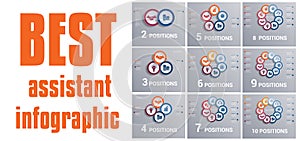 Circles diagram, data Elements Templates infographic 2,3,4,5,6,7,8,9,10 positions. Coloured Rings. Concept of successful start of