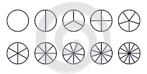 Circles divided diagram 3, 10, 7, graph icon pie shape section chart. Segment circle round vector 6, 9 devide