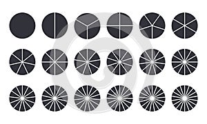 Circles divided into parts from 1 to 18. Black round chart for infographic, pie portion or pizza slice. Wheel division