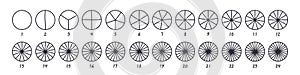 Circles divided into parts from 1 to 24. Doodle outline round chart for infographic, pie portion or pizza slice. Wheel