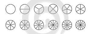 Circles divided in segments from 1 to 12 isolated on white background. Pie or pizza shapes cut in equal parts in outline