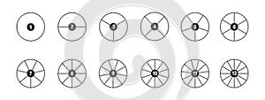 Circles divided in segments with numbers from 1 to 12. Outline round shapes cut in equal slices. Simple graphic pie or photo