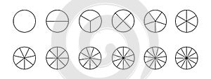 Circles divided in segments from 1 to 12 isolated on white background. Pie or pizza shapes cut in equal parts in outline photo