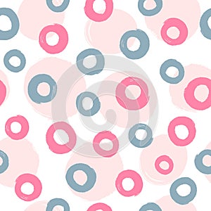 Circles drawn by hand with rough brush. Cute geometric seamless pattern. Sketch, watercolor, paint.