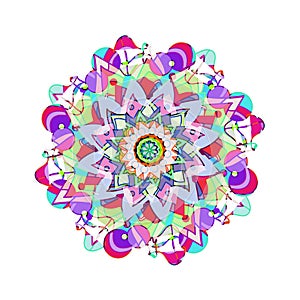 CIRCLES AND FLOWER MANDALA. PLAIN WHITE BACKGROUND, COLORFUL IMAGE IN RED, PURPLE, LILAC, VIOLET, GREEN, TURQUOISE.