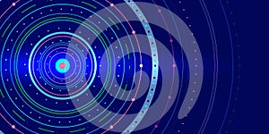 Circles made of colored lines and dots on a bright blue background for an abstract tech design, digital game interface