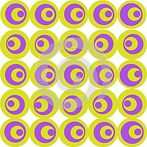 Circles are made in lilac and olive color on a white background. A simple geometric pattern.