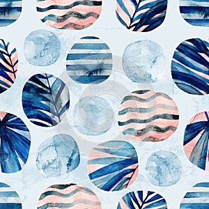 Circles with palm leaves, waves, stripes and water color marble, grained, grunge, paper textures