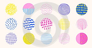 Circles with patterns set. Cute hand drawn doodle round shapes with dots, lines, swirls, drops. Abstract elements, icons for web,