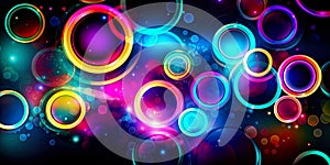 Circles, rings and lights at night, abstract dark colorful background, generative AI