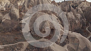 Circling, 4k aerial drone footage of the cone-shaped formations in Cappadocia of central Turkey.