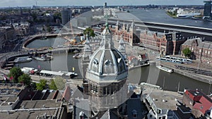 Circling Top of Basilica of Saint Nicholas, Amsterdam, Aerial Drone