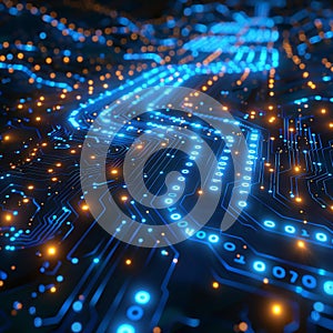 Circuit board background with binary code and digital technology concept, illustration. abstract blue circuit lines on a dark