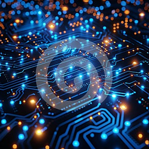 Circuit board background with binary code and digital technology concept, illustration. abstract blue circuit lines on a dark