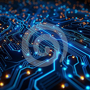 Circuit board background with binary code and digital technology concept, illustration. abstract blue circuit lines on a dark