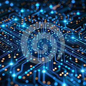 Circuit board background with binary code and digital technology concept, illustration. abstract blue circuit lines on a dark