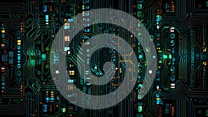 Circuit board background. CPU microchip, abstract conductor scheme and other circuit components.