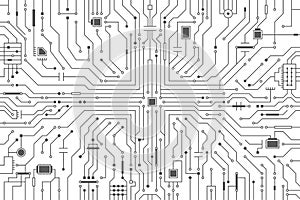 Circuit board background. CPU microchip, abstract conductor scheme and other circuit components. Computer motherboard, digital